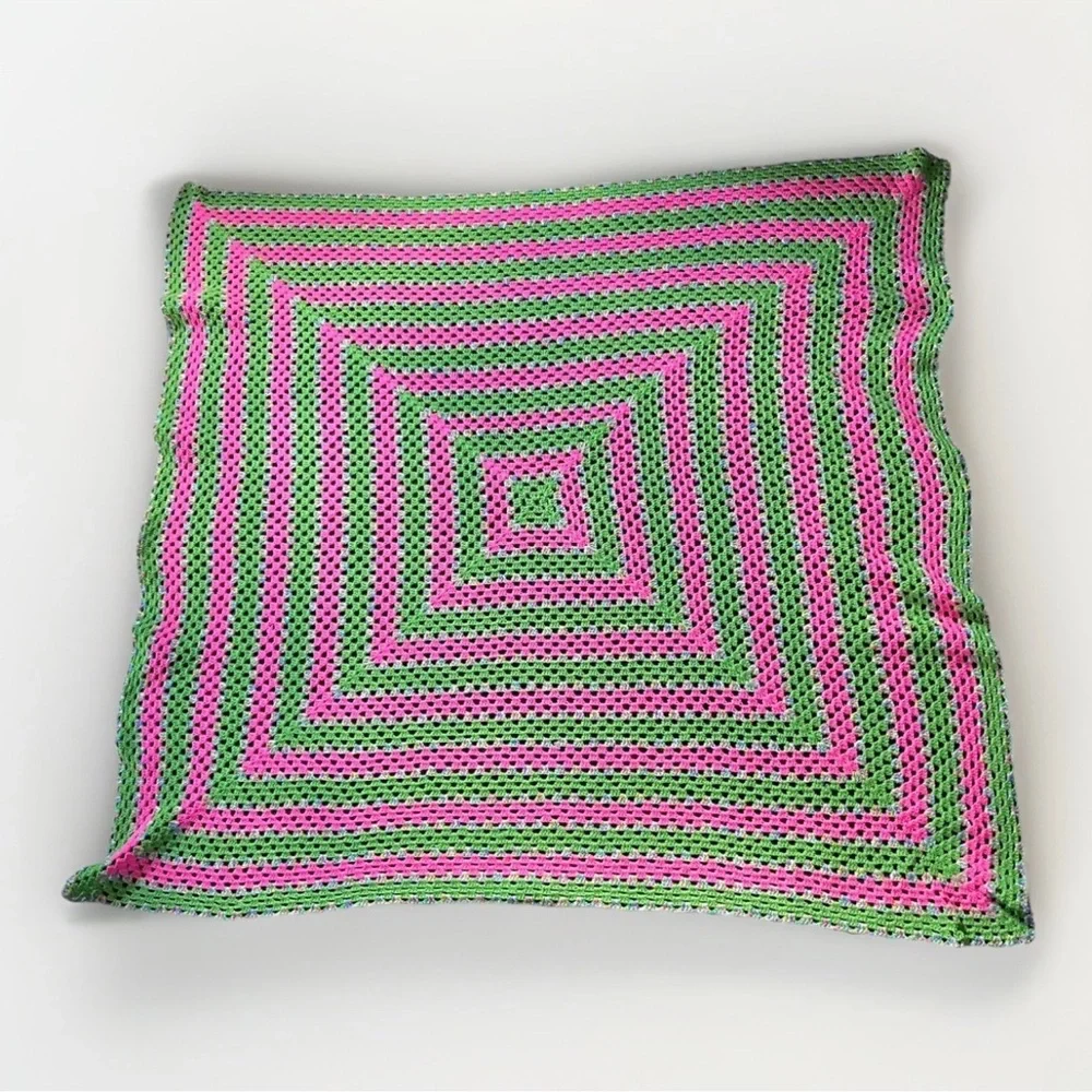 Vintage Handmade Crochet Granny Blanket Pink Green Square Cottagecore 64 x 64